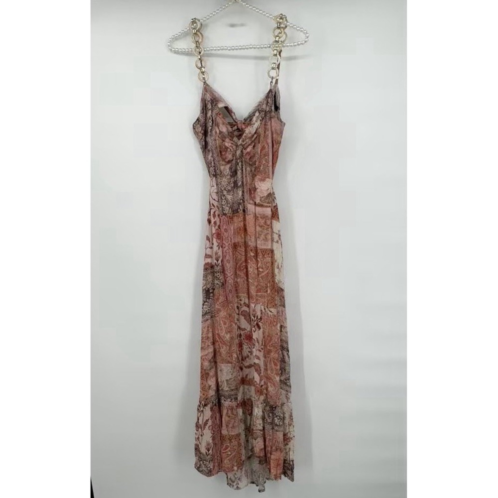VTG Studio F Patchwork Maxi Dress Sz 6 Boho Mermaid Summer Tortoise Shell Straps